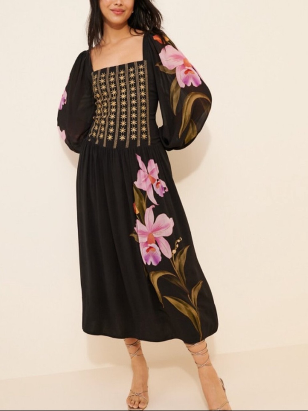Farm Rio Black Floral Long Sleeve Midi Dress Size Small 36309